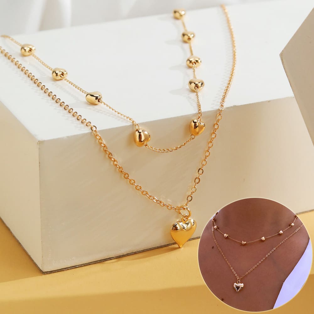 Collana a doppio strato con ciondolo a cuore e catena sottile per donna, collana multistrato in metallo color oro, gioielli alla moda, accessori.