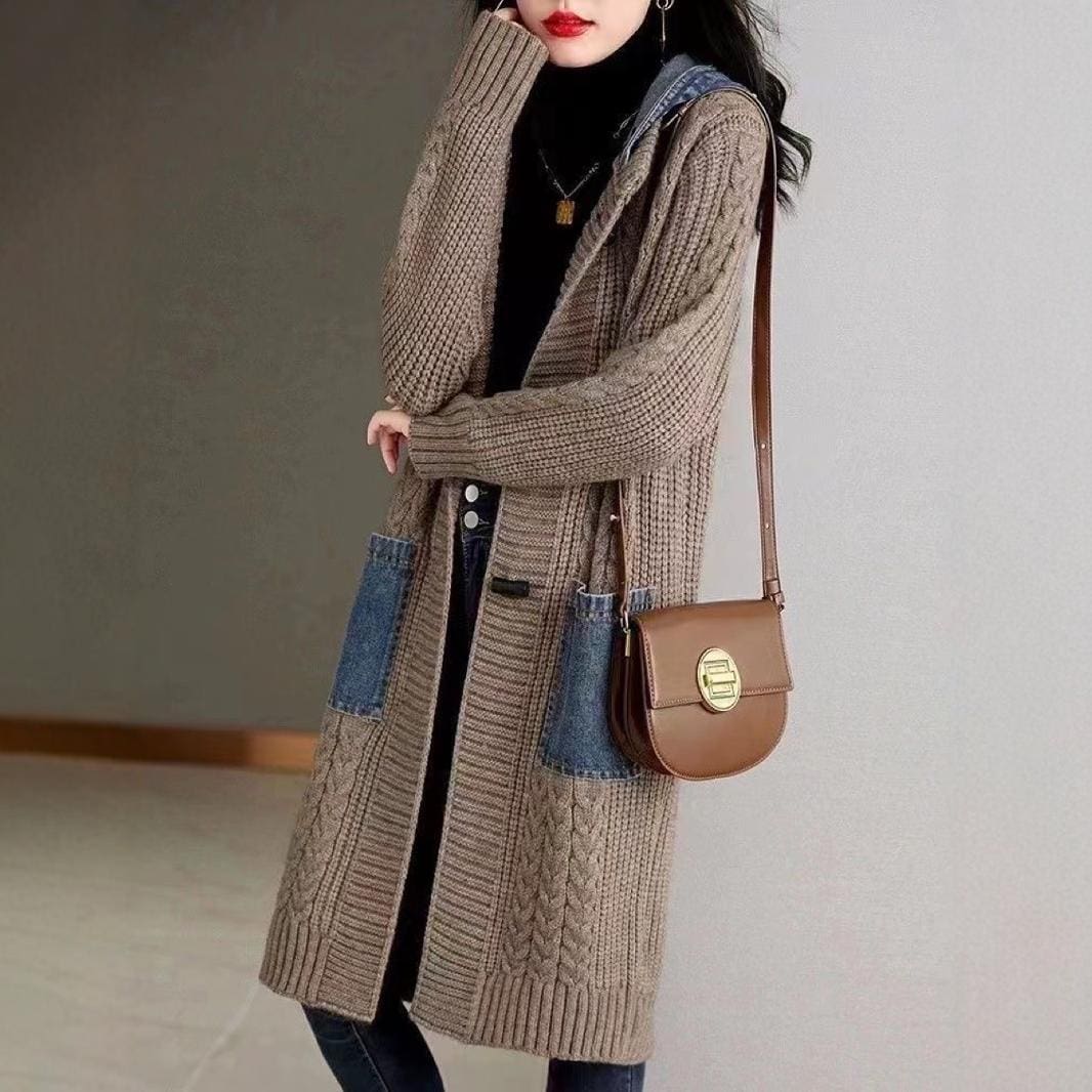 Cardigan primaverile e autunnale di media lunghezza, con cappuccio, lavorato a maglia - immagine 5