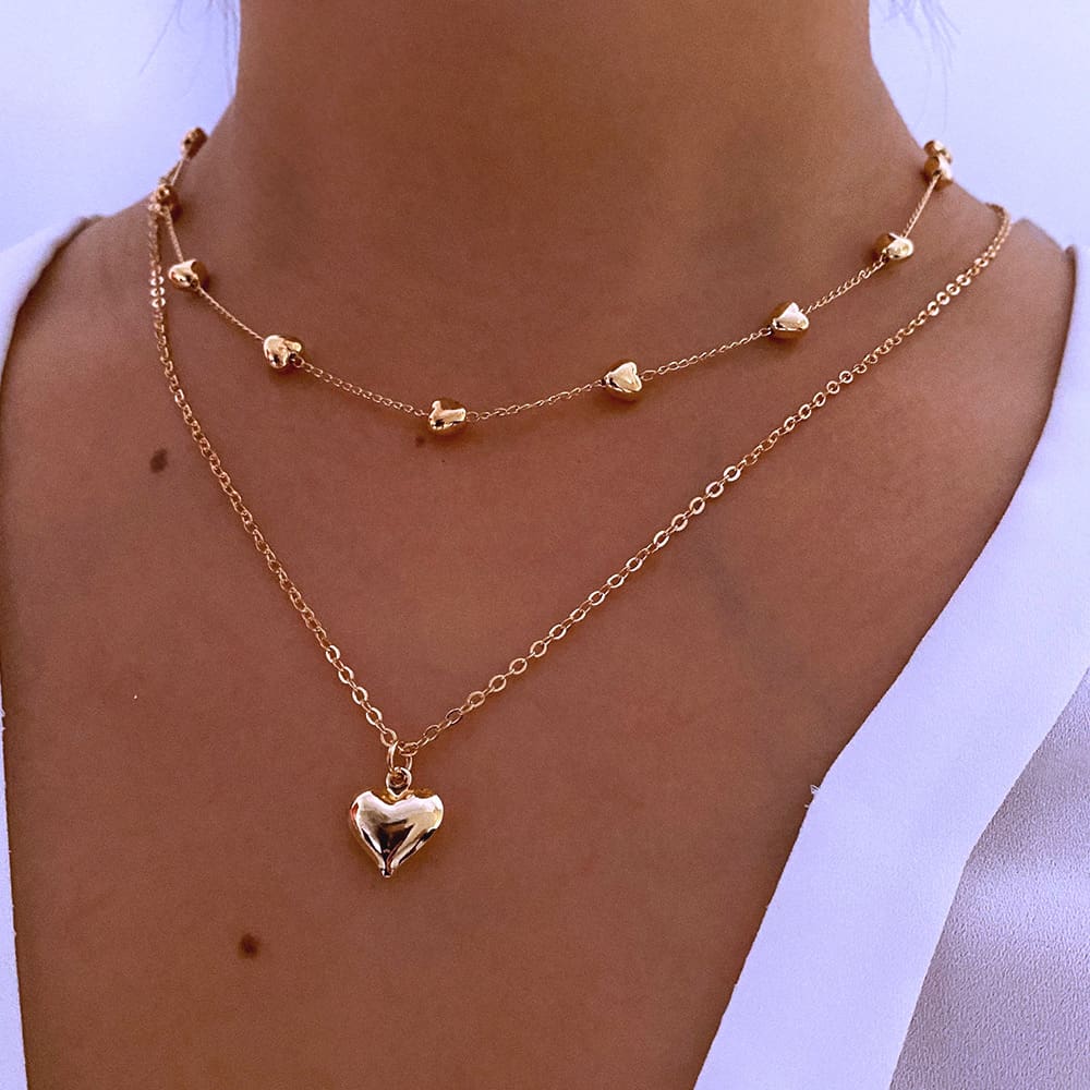 Collana a doppio strato con ciondolo a cuore e catena sottile per donna, collana multistrato in metallo color oro, gioielli alla moda, accessori. - immagine 3