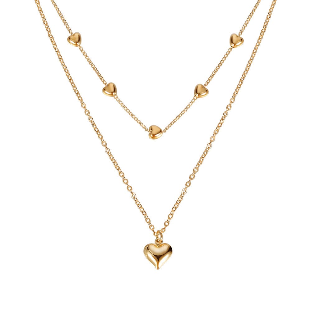 Collana a doppio strato con ciondolo a cuore e catena sottile per donna, collana multistrato in metallo color oro, gioielli alla moda, accessori. - immagine 4