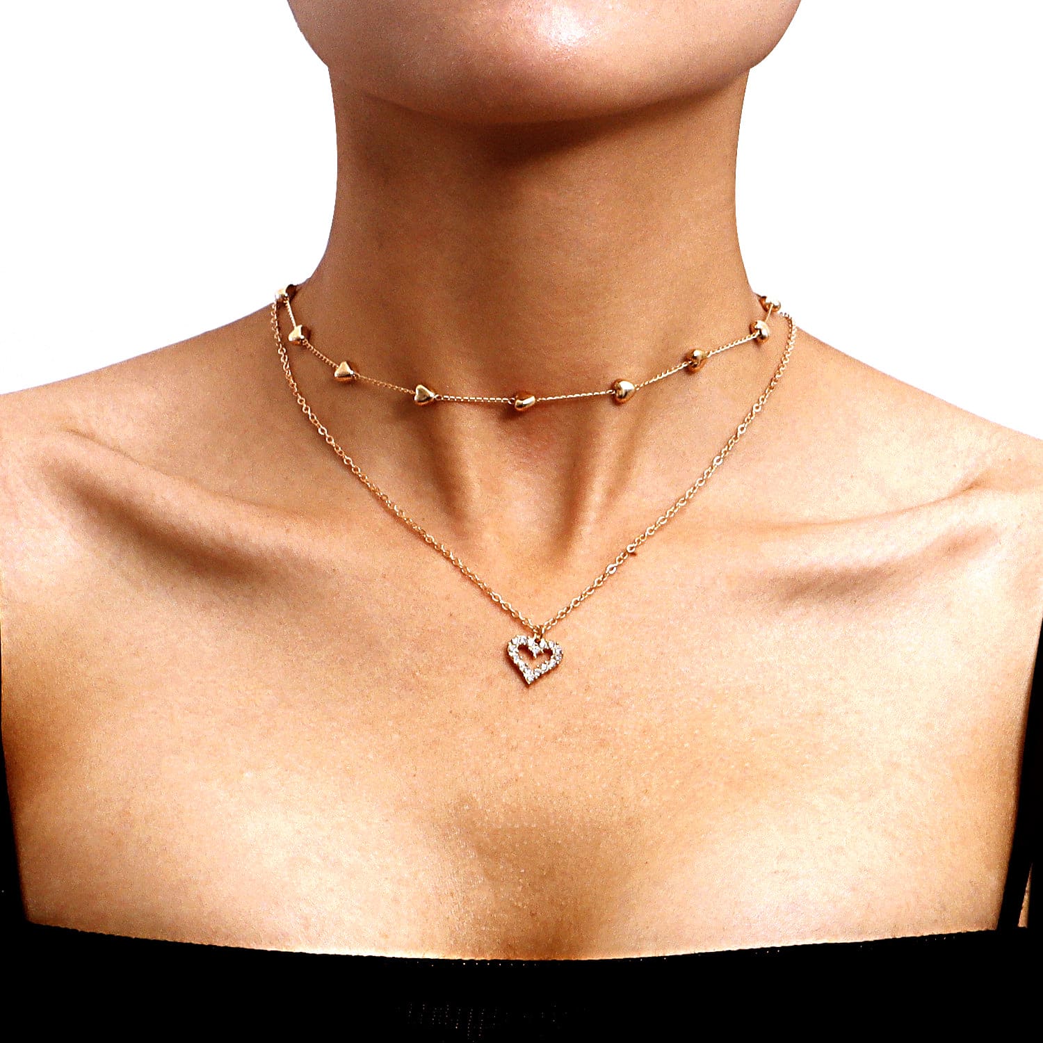 Collana a doppio strato con ciondolo a cuore e catena sottile per donna, collana multistrato in metallo color oro, gioielli alla moda, accessori. - immagine 5