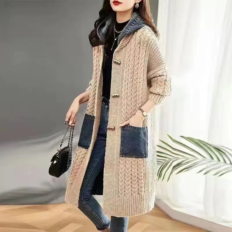 Cardigan primaverile e autunnale di media lunghezza, con cappuccio, lavorato a maglia - immagine 8