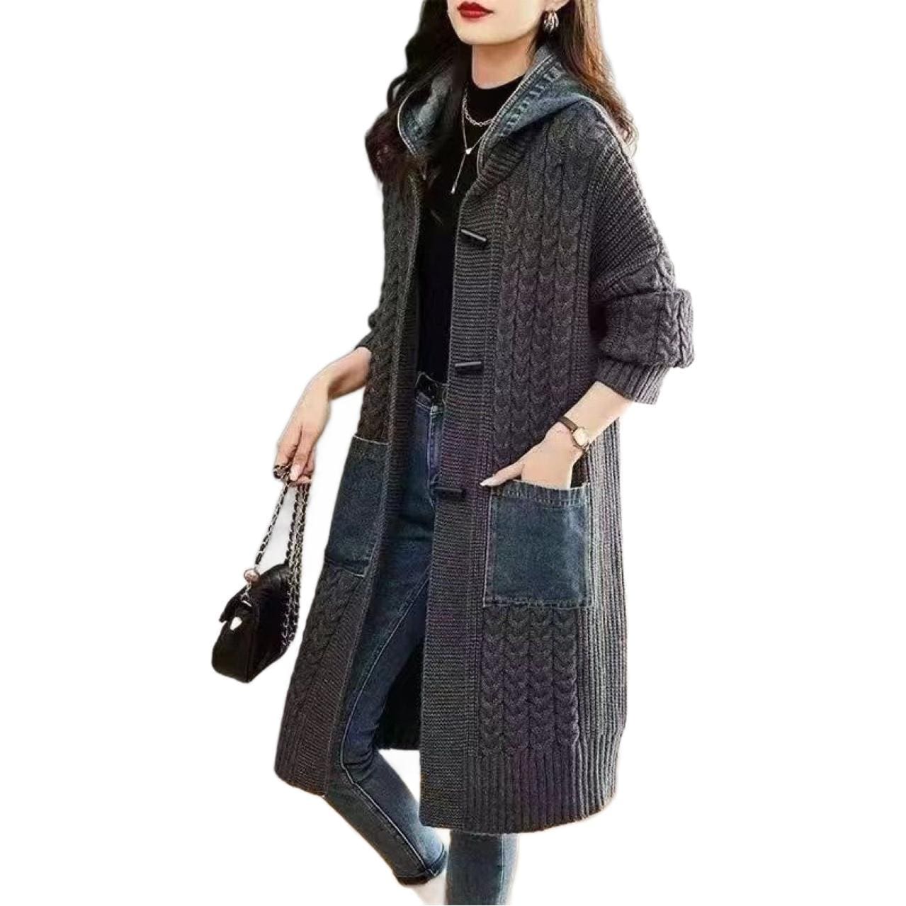 Cardigan primaverile e autunnale di media lunghezza, con cappuccio, lavorato a maglia - immagine 7