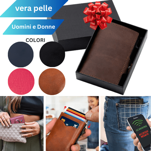 Portafoglio 3 in 1 che protegge, organizza e traccia. Con RFID blocker, tracker integrato e sistema leva-tutto per avere le carte sempre pronte e al sicuro.